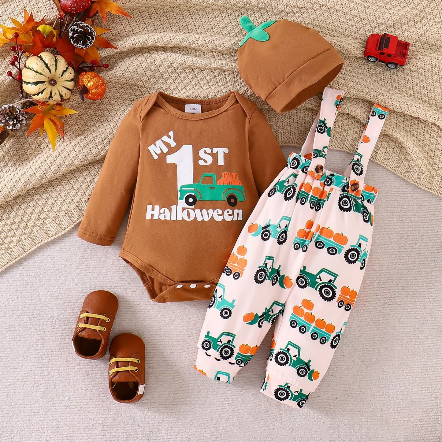 LckyBaby™ My First Halloween Outfit – 100% Cotton Baby Bodysuit & Pumpkin Overalls