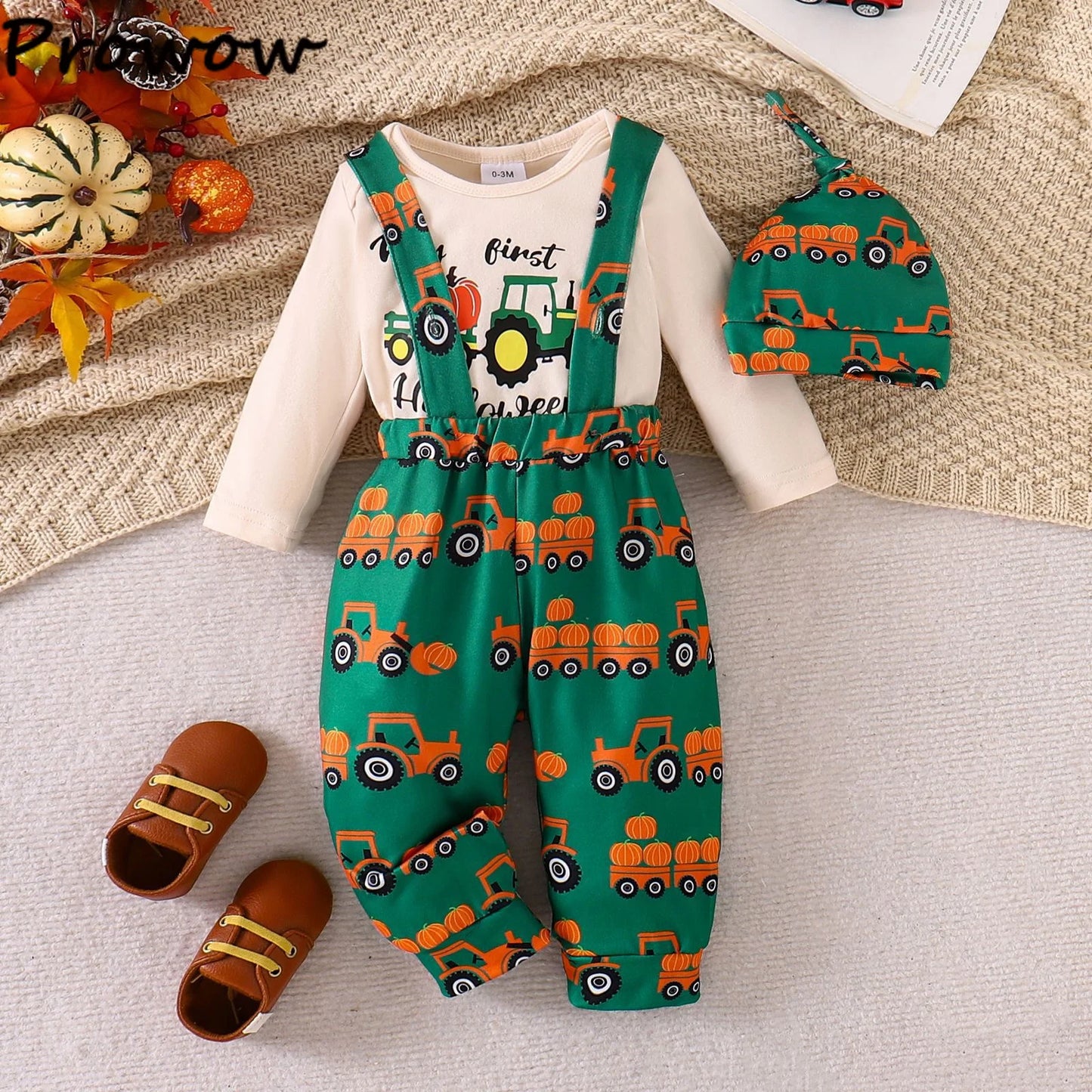 LckyBaby™ My First Halloween Outfit – 100% Cotton Baby Bodysuit & Pumpkin Overalls