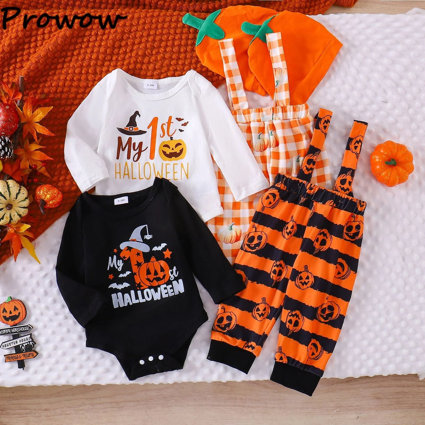 LckyBaby™ My First Halloween Outfit – 100% Cotton Baby Bodysuit & Pumpkin Overalls