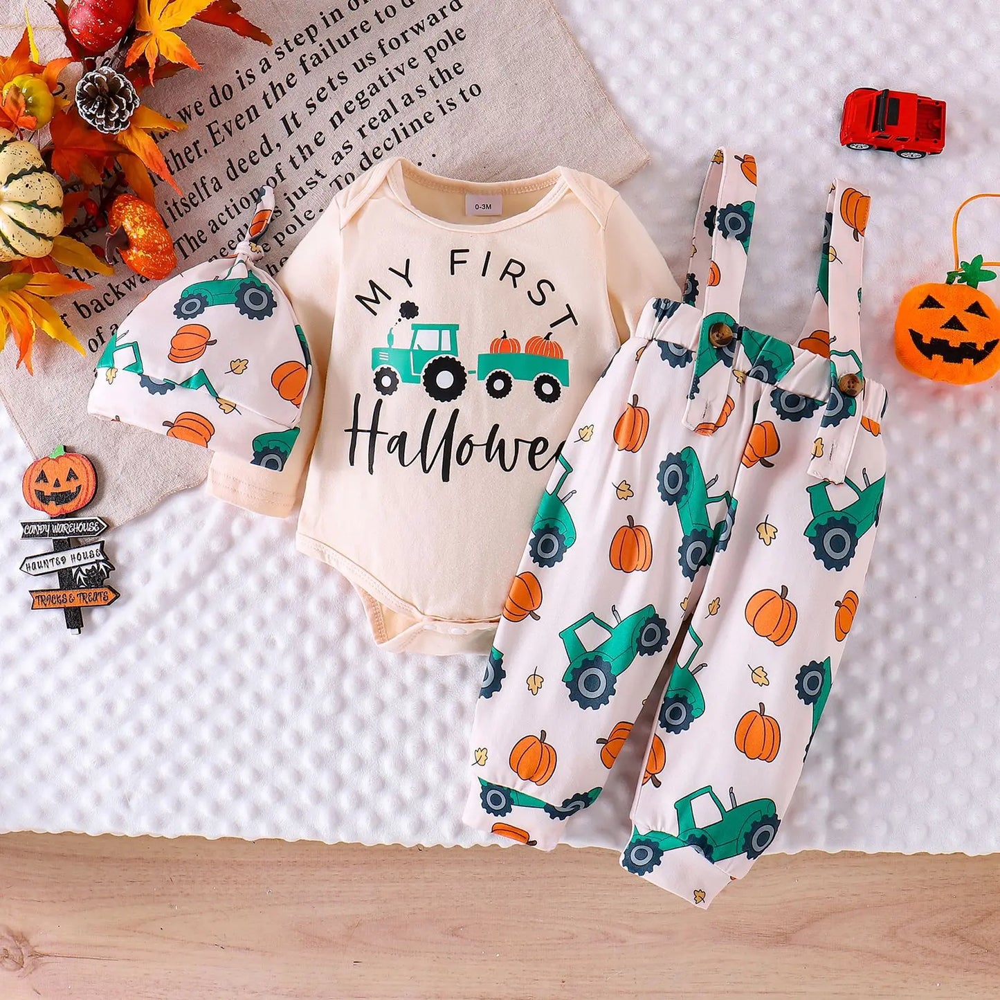 LckyBaby™ My First Halloween Outfit – 100% Cotton Baby Bodysuit & Pumpkin Overalls