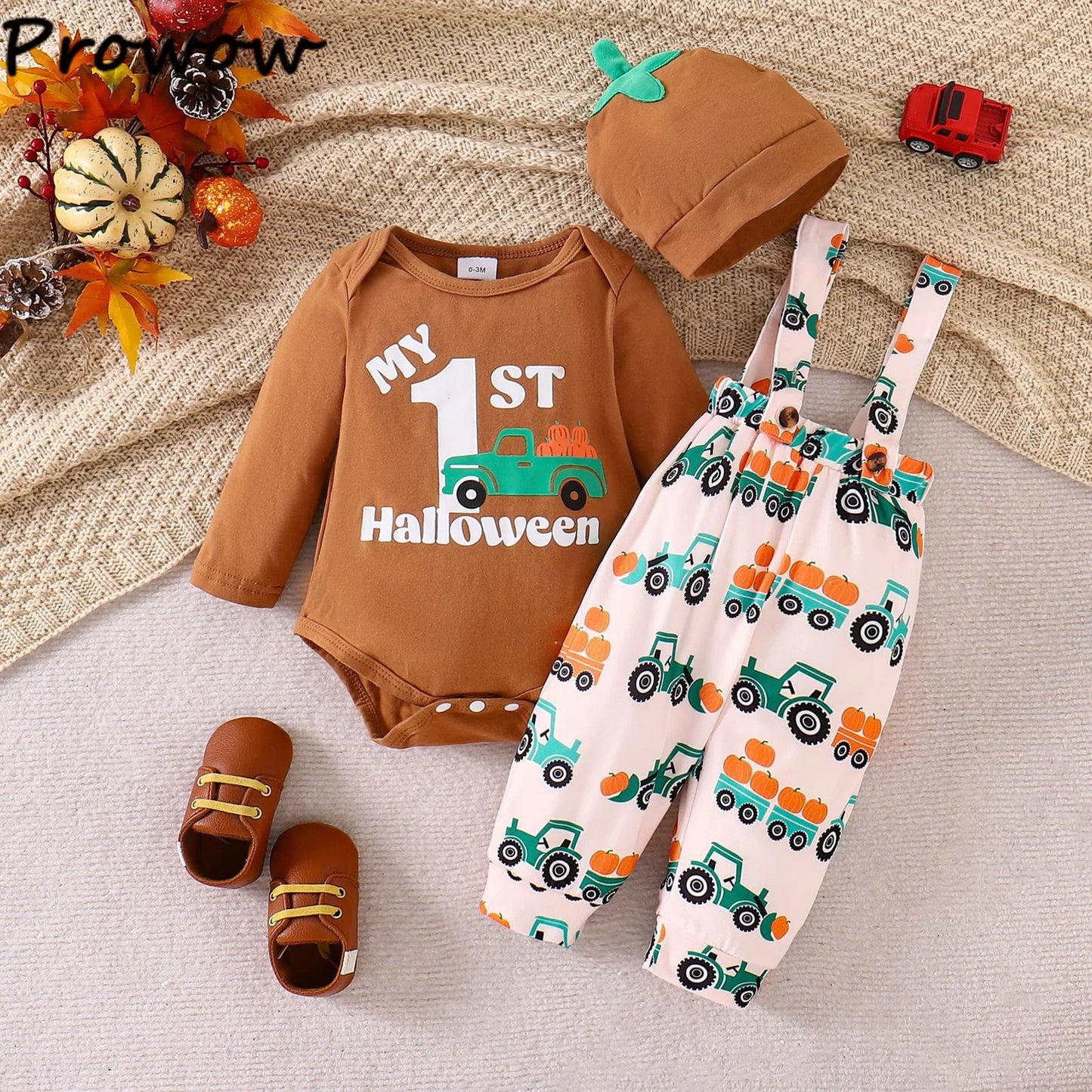 LckyBaby™ My First Halloween Outfit – 100% Cotton Baby Bodysuit & Pumpkin Overalls