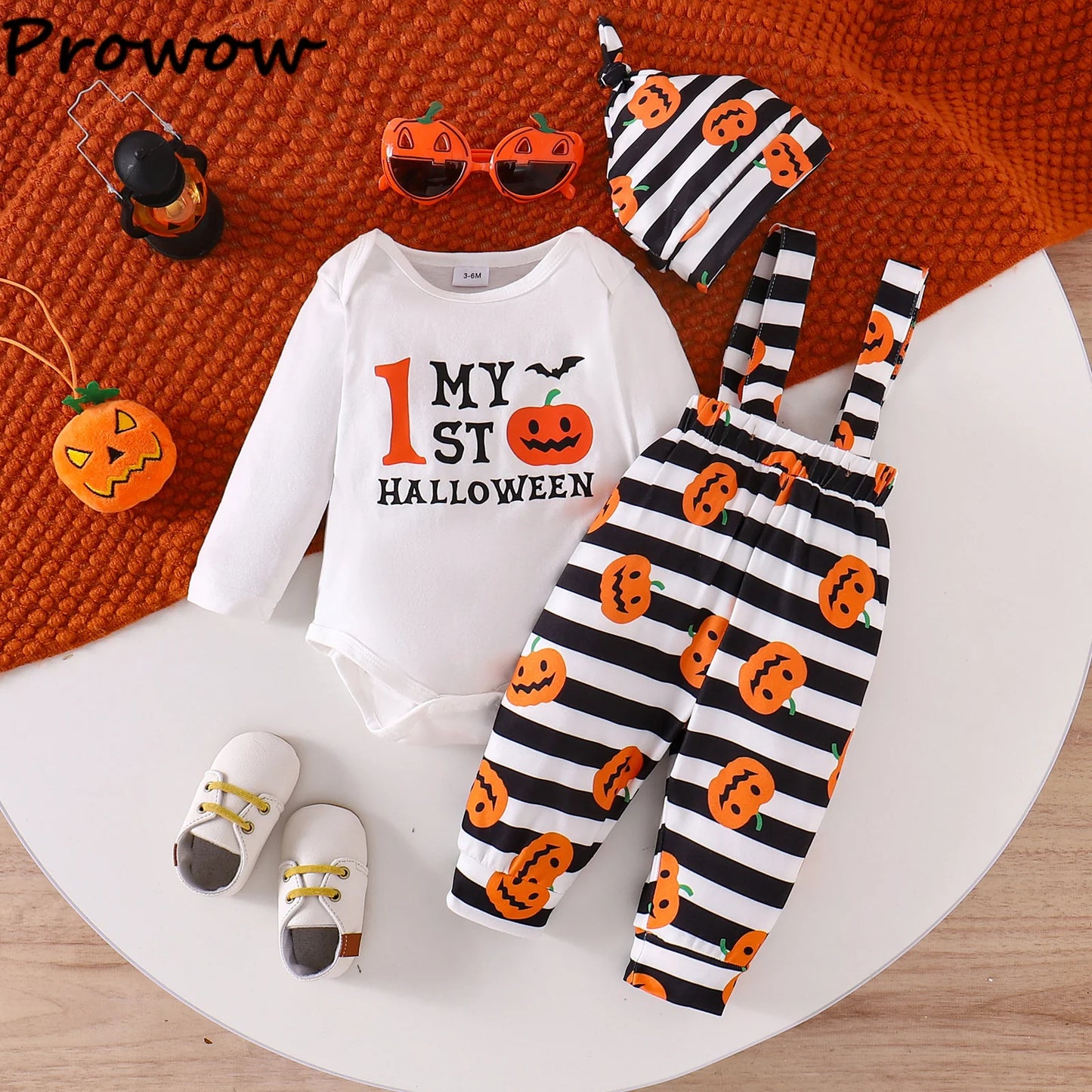 LckyBaby™ My First Halloween Outfit – 100% Cotton Baby Bodysuit & Pumpkin Overalls