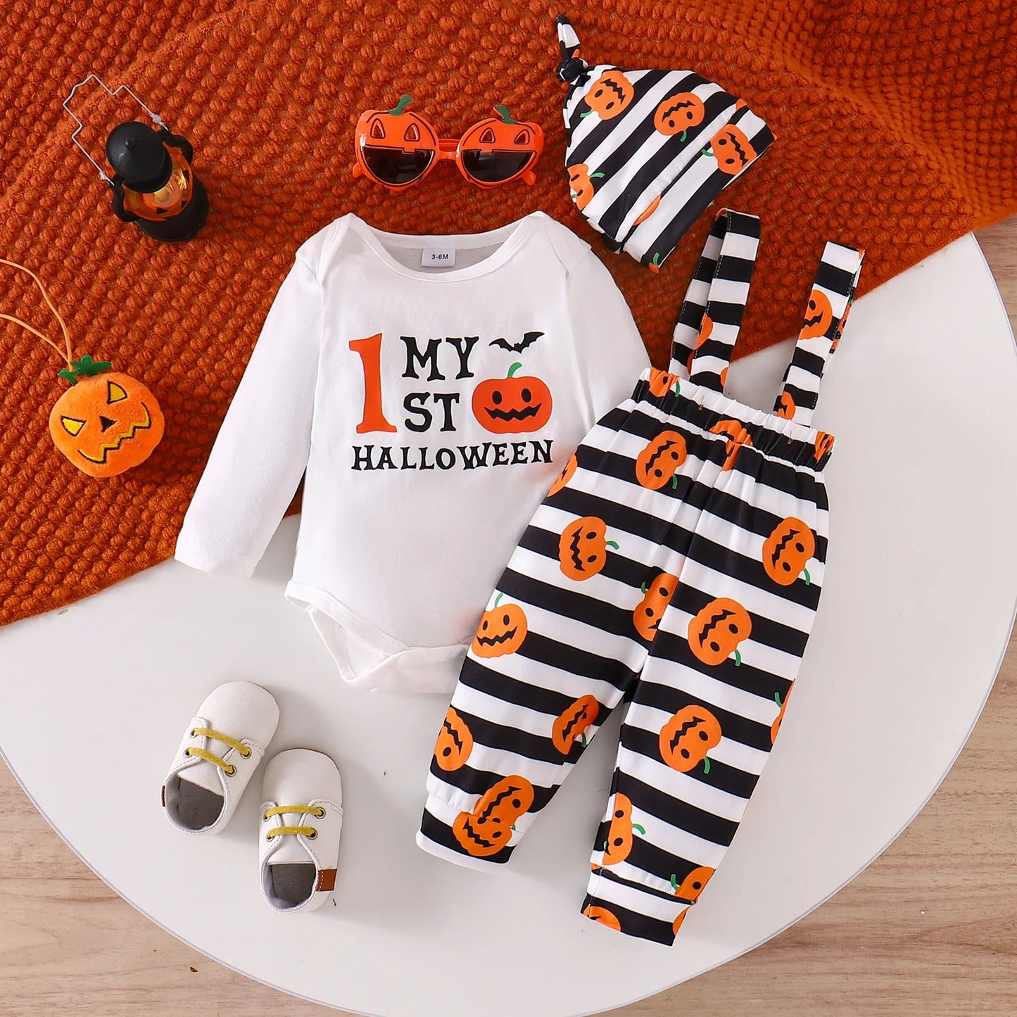 LckyBaby™ My First Halloween Outfit – 100% Cotton Baby Bodysuit & Pumpkin Overalls