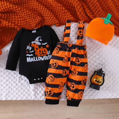 LckyBaby™ My First Halloween Outfit – 100% Cotton Baby Bodysuit & Pumpkin Overalls