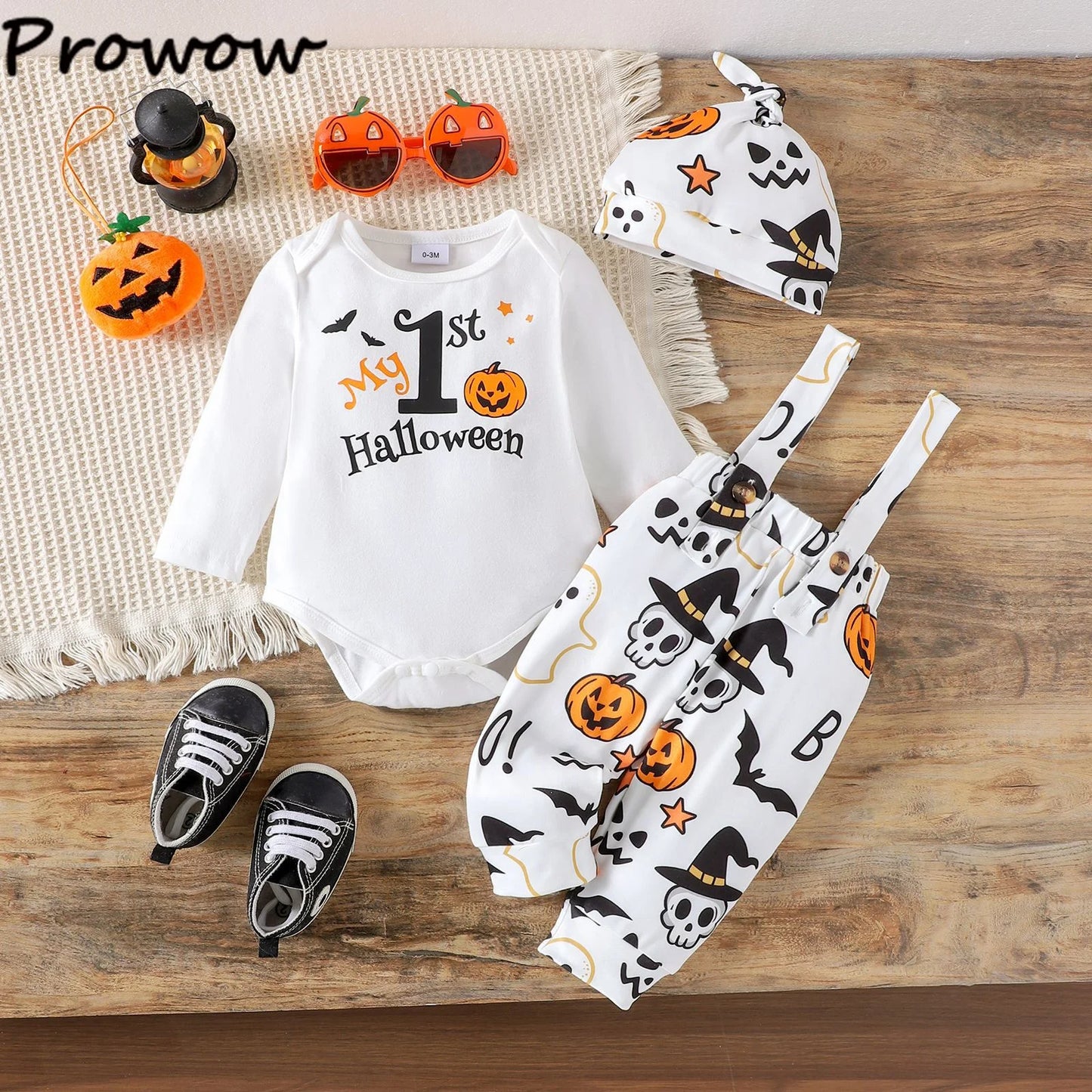 LckyBaby™ My First Halloween Outfit – 100% Cotton Baby Bodysuit & Pumpkin Overalls