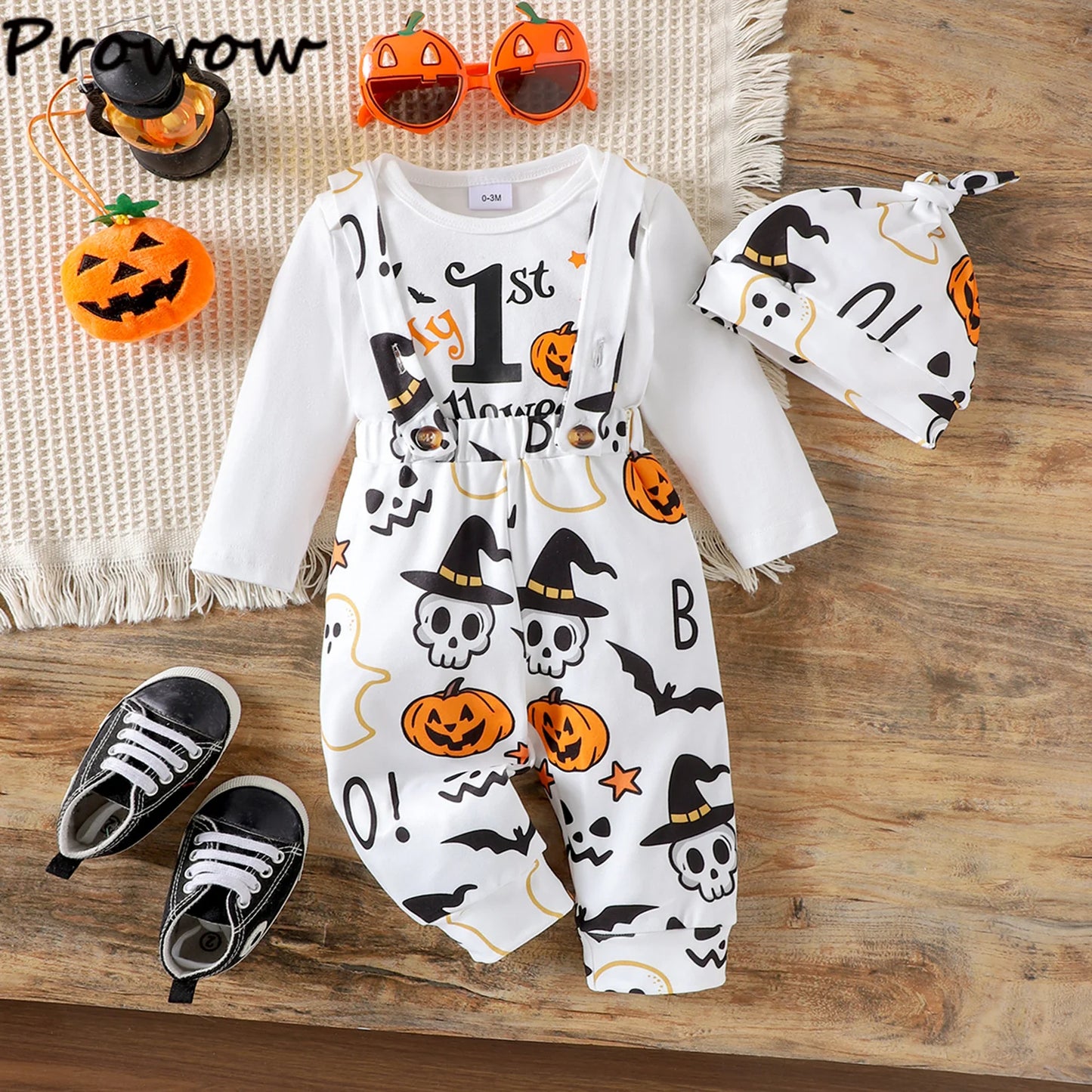 LckyBaby™ My First Halloween Outfit – 100% Cotton Baby Bodysuit & Pumpkin Overalls
