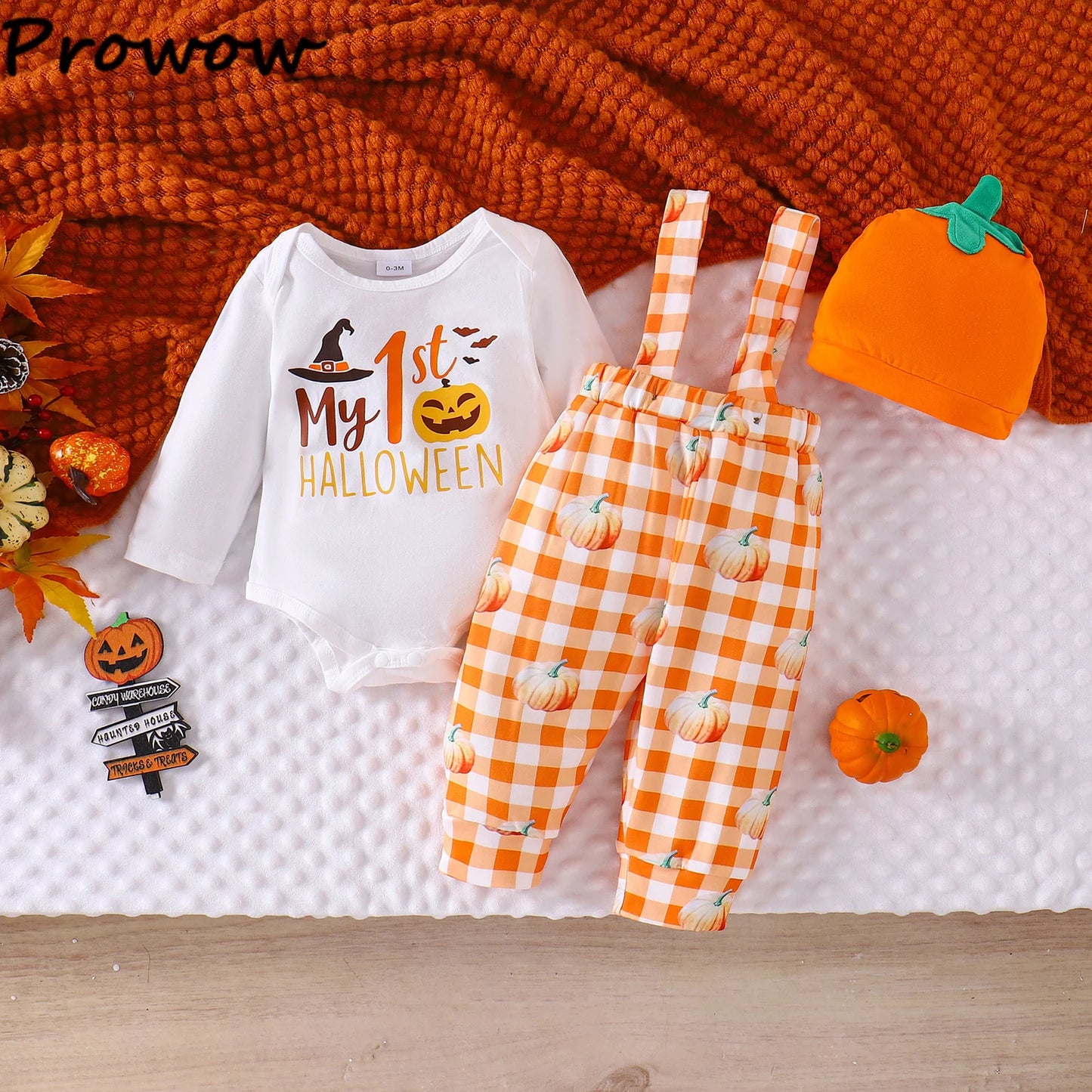 LckyBaby™ My First Halloween Outfit – 100% Cotton Baby Bodysuit & Pumpkin Overalls