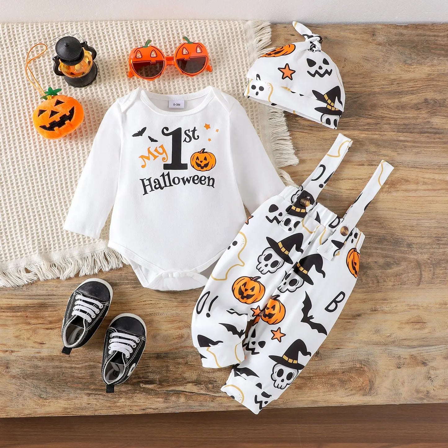 LckyBaby™ My First Halloween Outfit – 100% Cotton Baby Bodysuit & Pumpkin Overalls