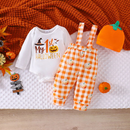 LckyBaby™ My First Halloween Outfit – 100% Cotton Baby Bodysuit & Pumpkin Overalls