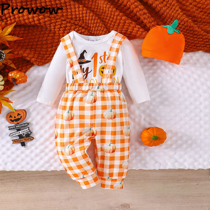 LckyBaby™ My First Halloween Outfit – 100% Cotton Baby Bodysuit & Pumpkin Overalls
