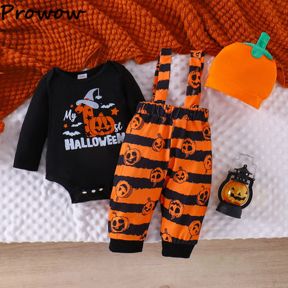LckyBaby™ My First Halloween Outfit – 100% Cotton Baby Bodysuit & Pumpkin Overalls