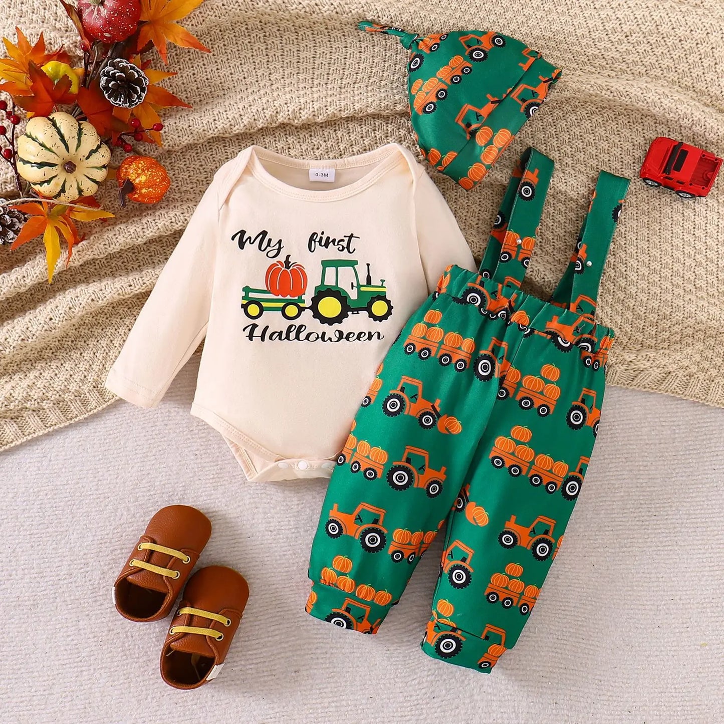 LckyBaby™ My First Halloween Outfit – 100% Cotton Baby Bodysuit & Pumpkin Overalls