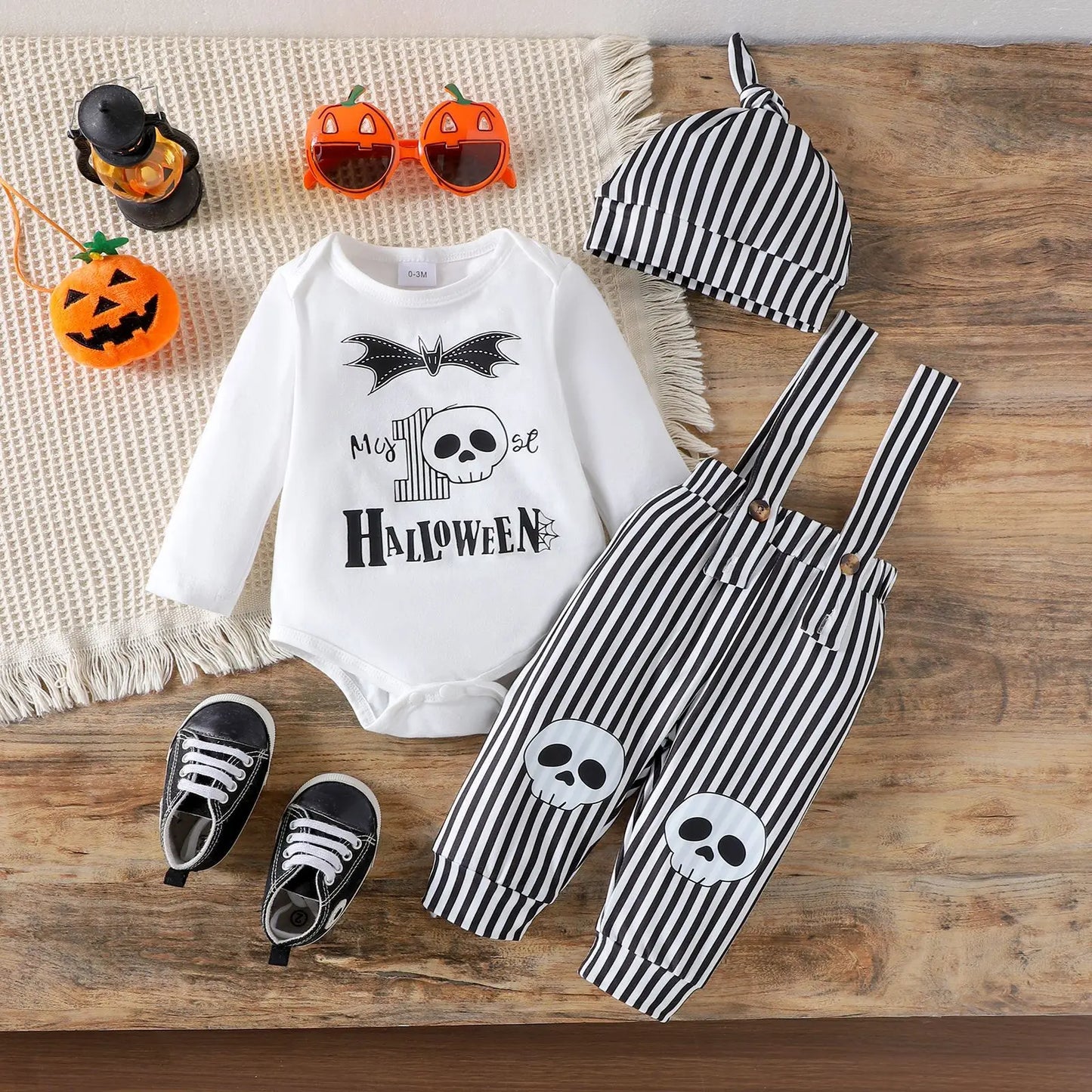 LckyBaby™ My First Halloween Outfit – 100% Cotton Baby Bodysuit & Pumpkin Overalls